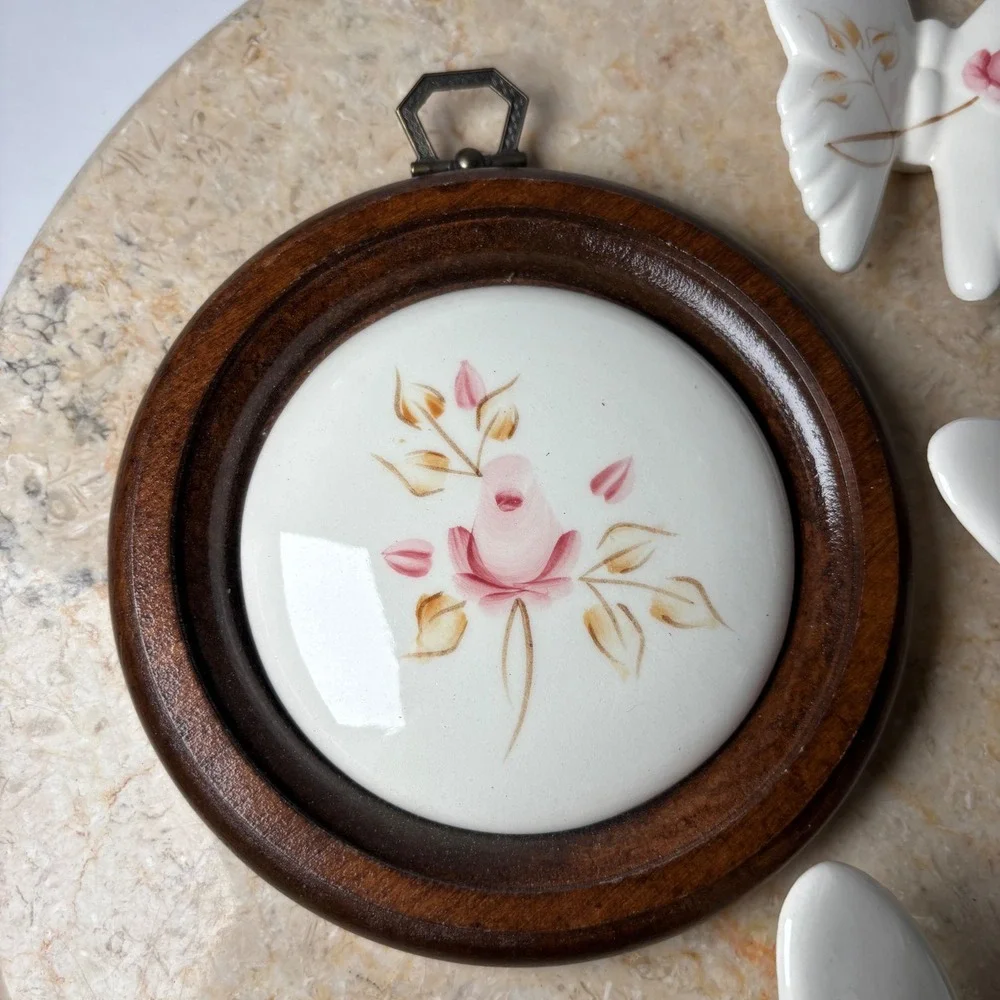VTG Homco Ceramic Butterfly & Rose Wall Decor Set 4pc White Pink Shabby Chic